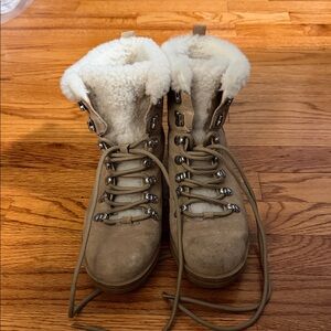 Marc Fisher Tan Suede Lace-Up Shearling Cuff Winter Boots